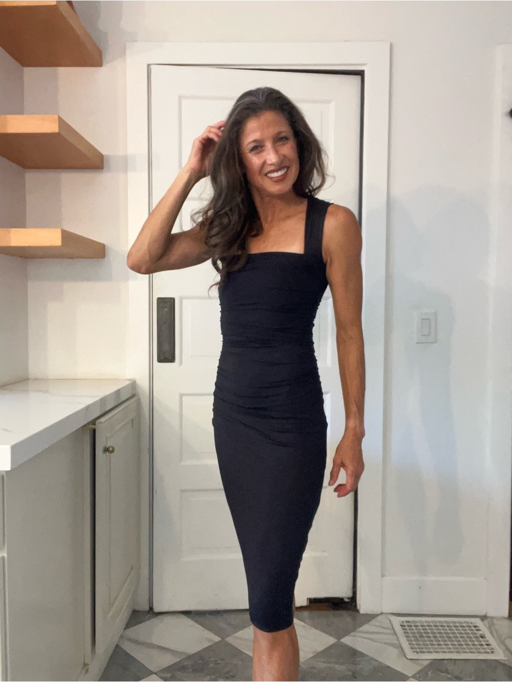 NWT Camila Coelho Black Ruched Bodycon Midi Dress XS Stretch Cocktail Date Night